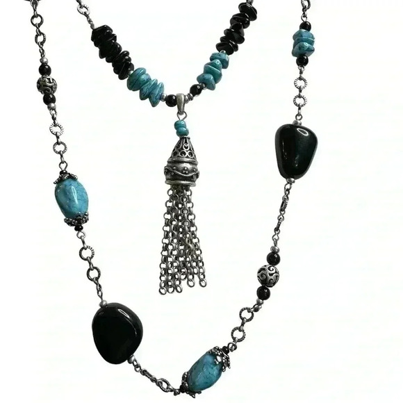 Chicos double layered turquoise and black tassle necklace - Picture 1 of 4